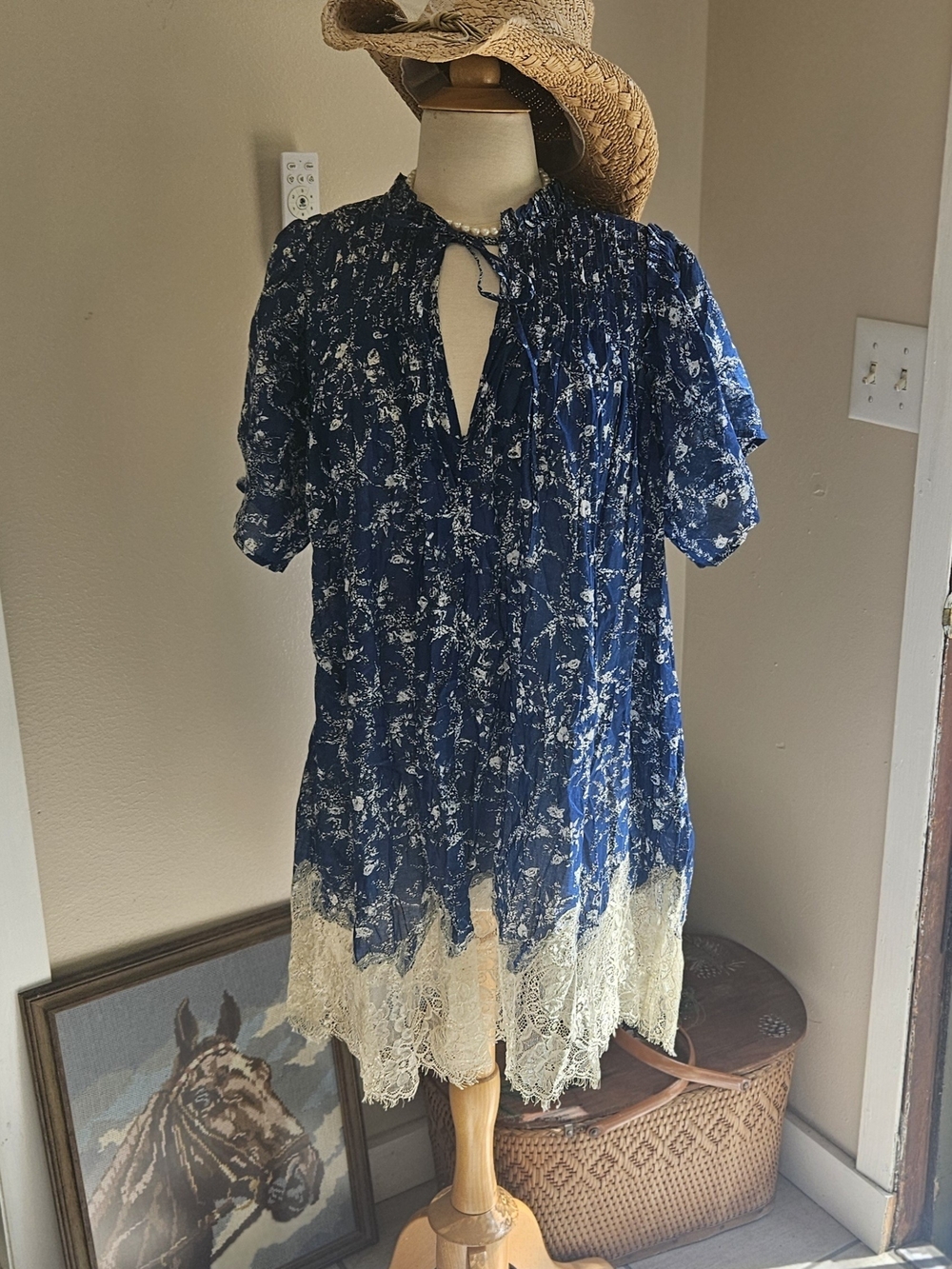 Free People Country Floral Dress with Cream Lace Hem